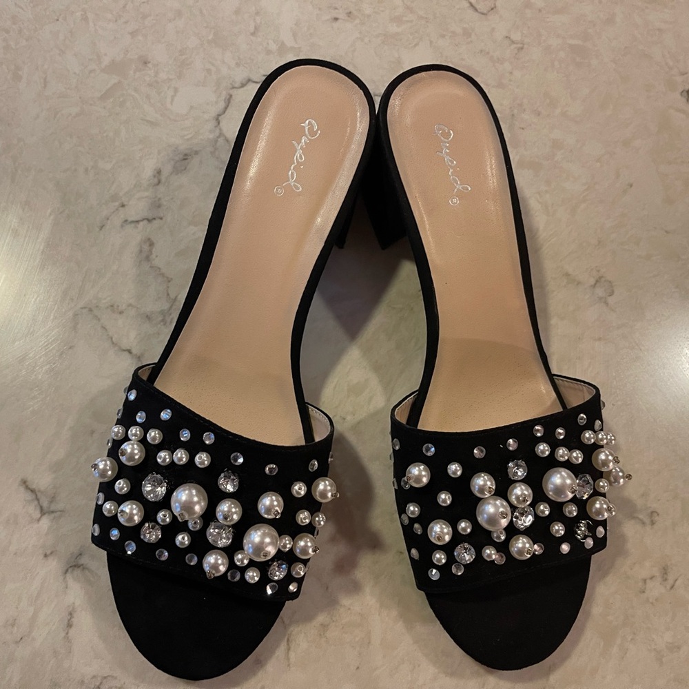 Qupid Black and White Mules with Studded Embellishments